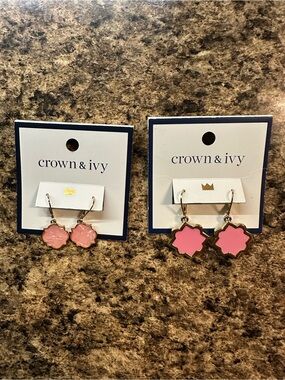 crown & ivy Pink Enamel Starburst Drop Earrings — Gold-Tone Trim. Set of 2.